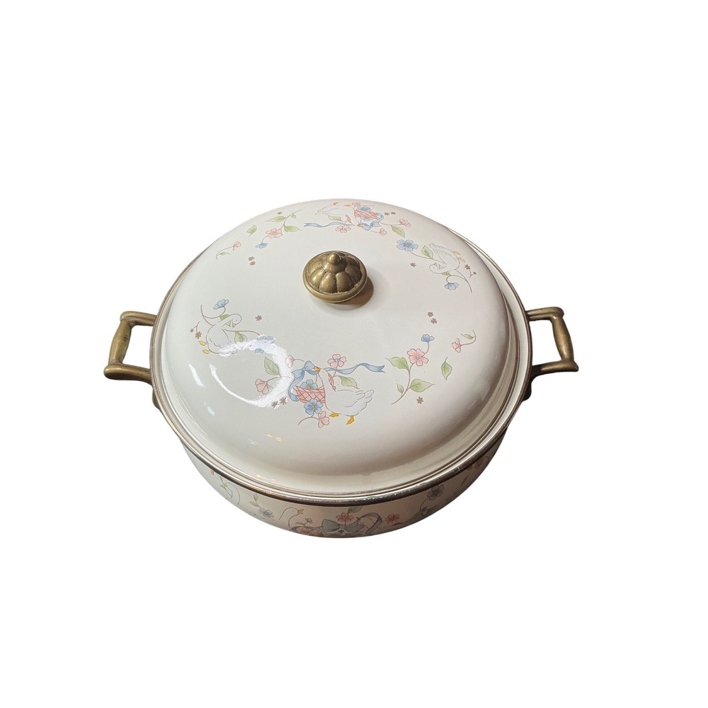 Vintage Enamelware Geese Floral Casserole Dish with Lid Brass Handles Cream